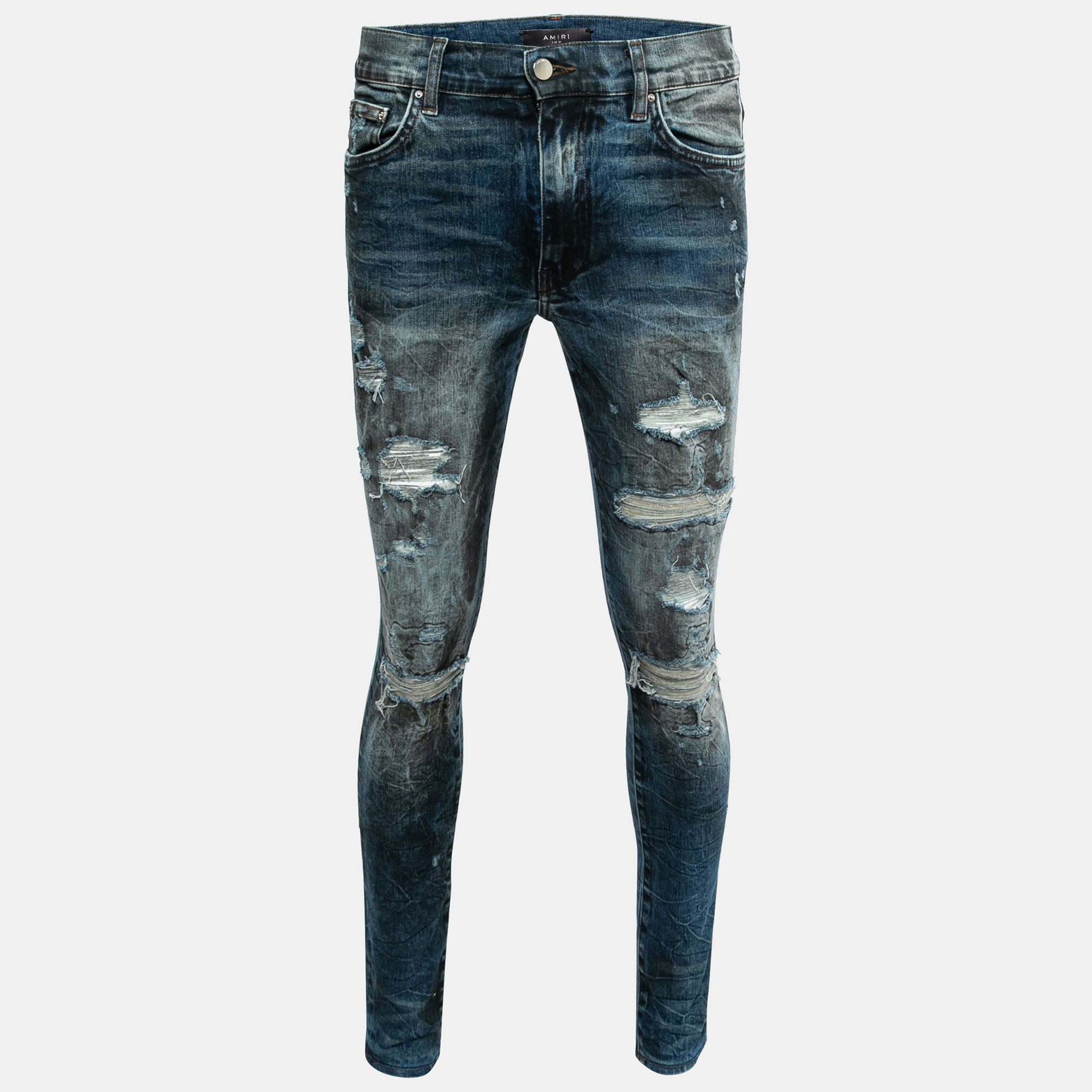Pre-owned Amiri Blue Distressed Denim Ripped-detail Skinny Jeans M Waist 32"