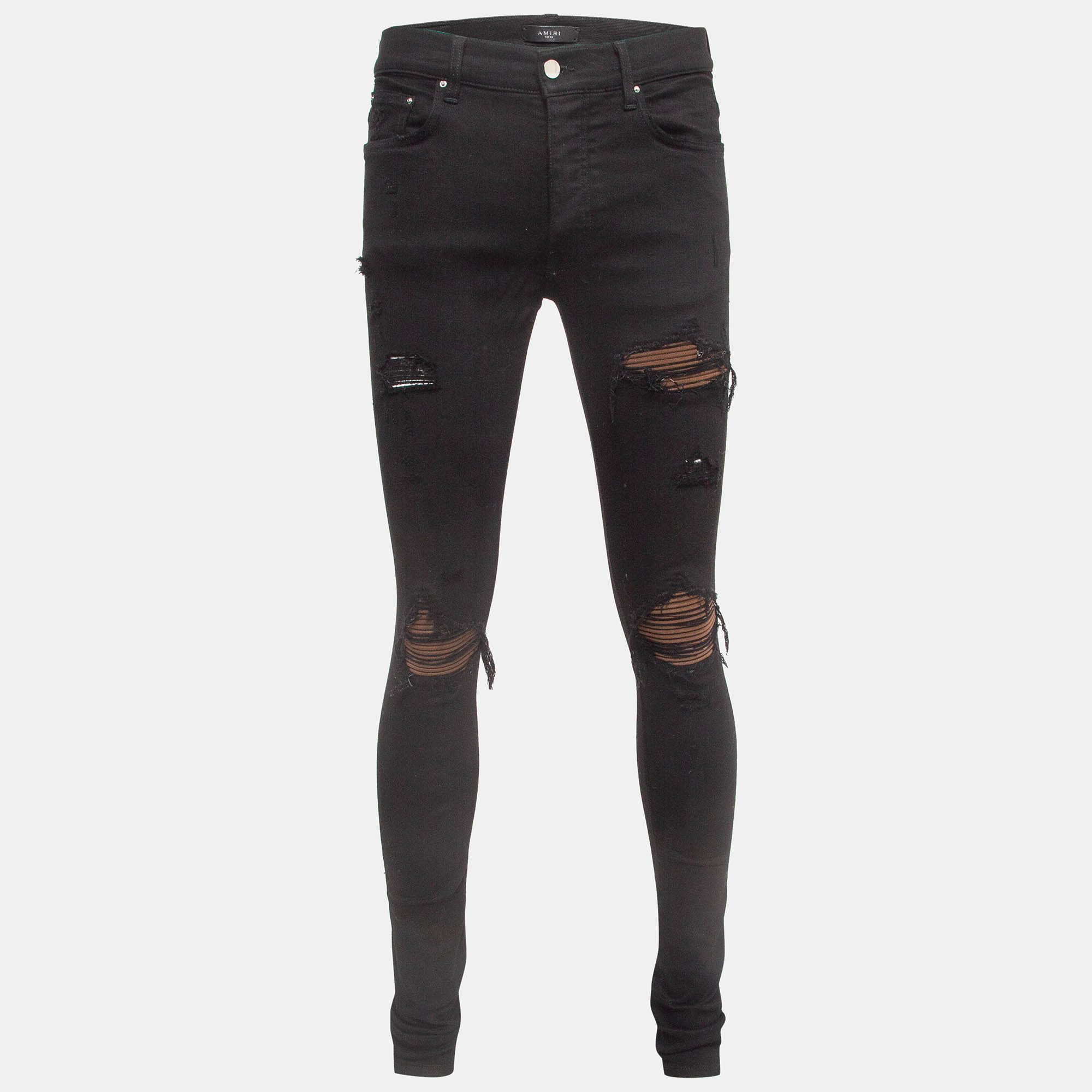 

Amiri Black Denim Suede Patch Distressed Slim Fit Jeans /Waist 32