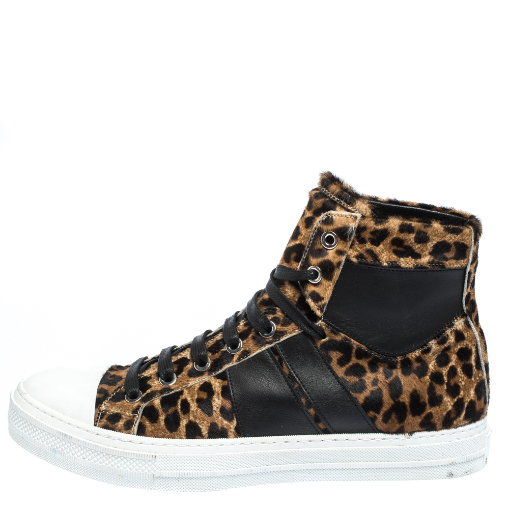 

Amiri Brown/Black Leopard Print Calfhair and Leather Sunset High Top Sneakers Size