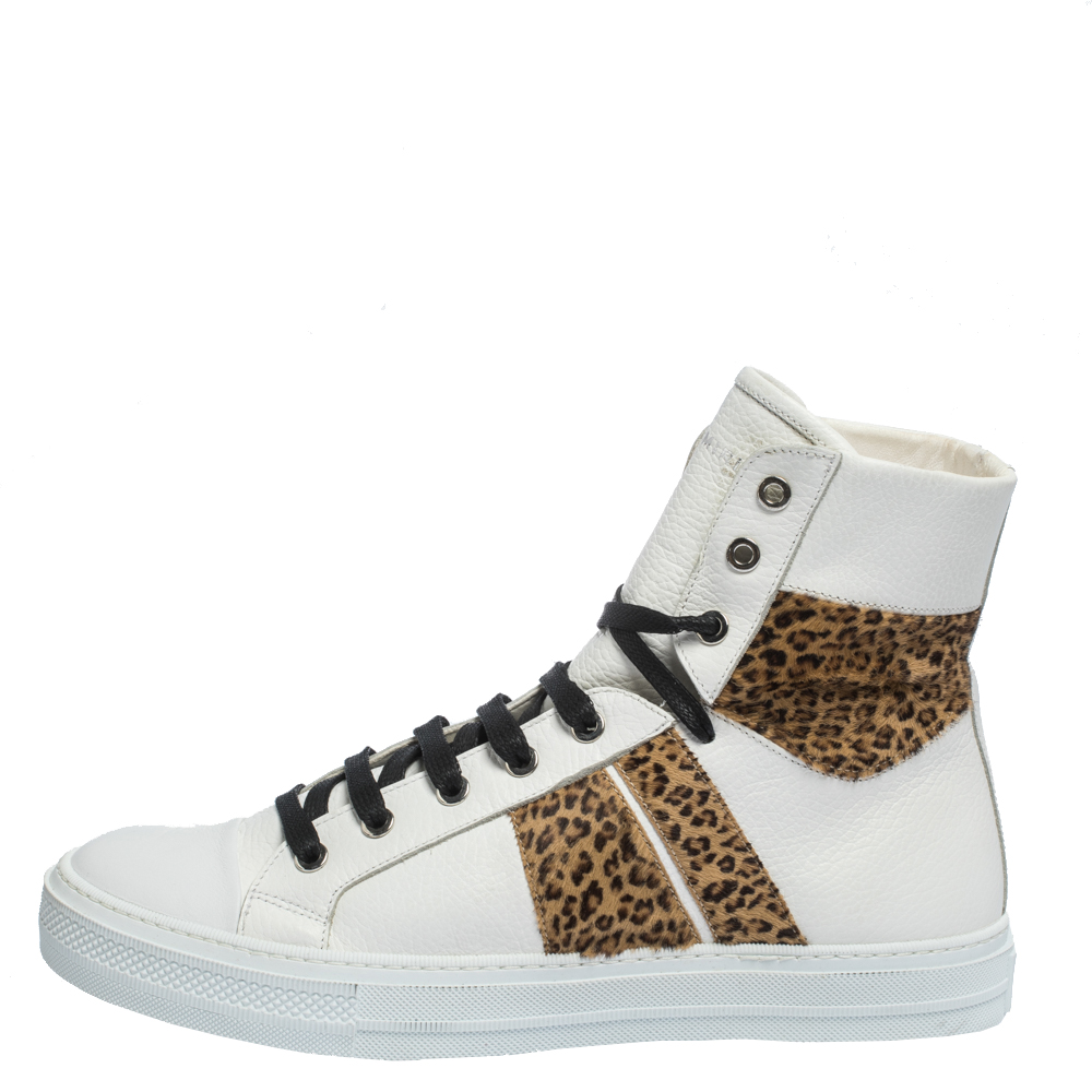 

Amiri White/Brown Leather and Leopard Print Calfhair Sunset High Top Sneakers Size