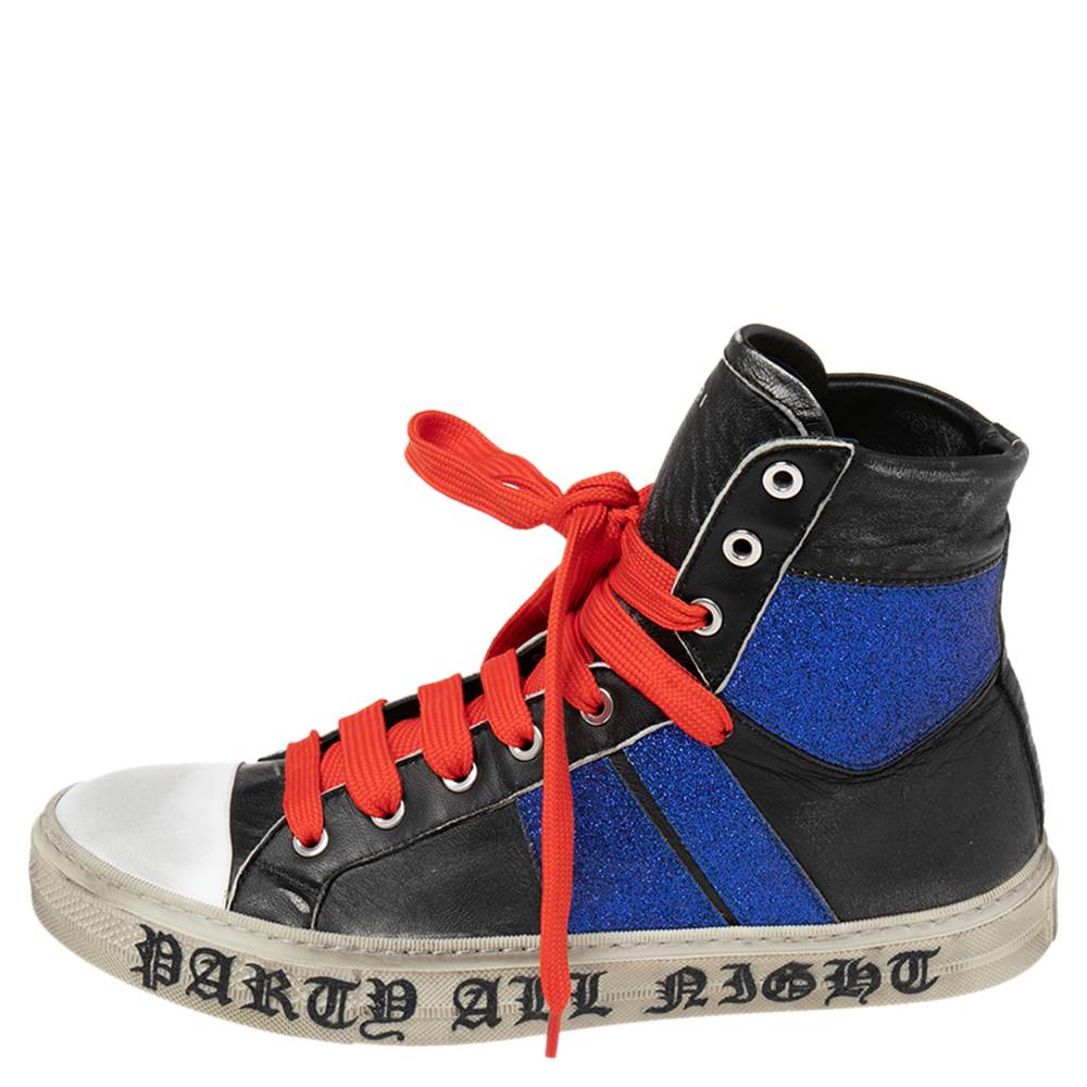 

Amiri Black/Blue Leather And Glitter Sunset Lace High Top Sneakers Size