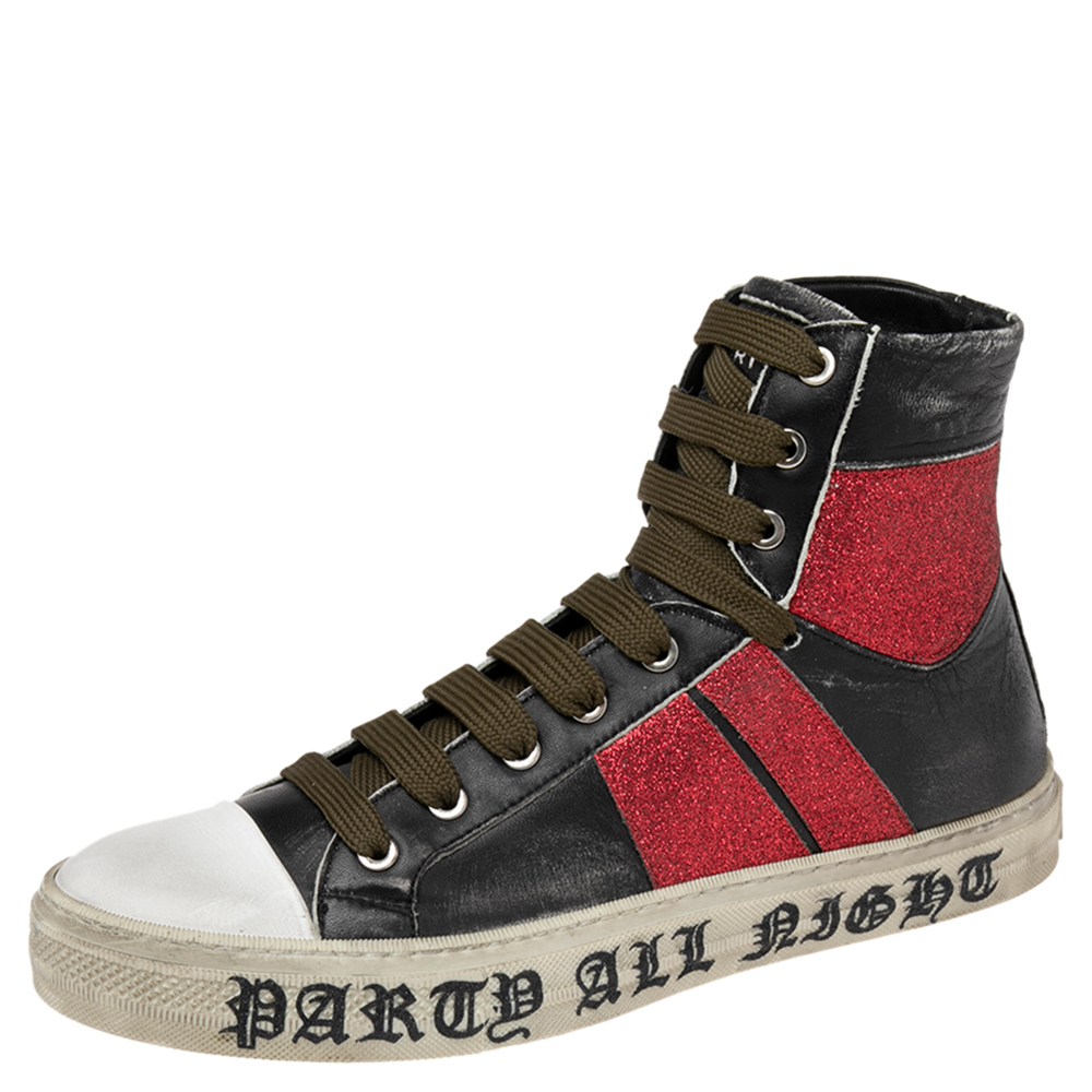 

Amiri Black/Red Glitter And Leather Sunset Lace High Top Sneakers Size