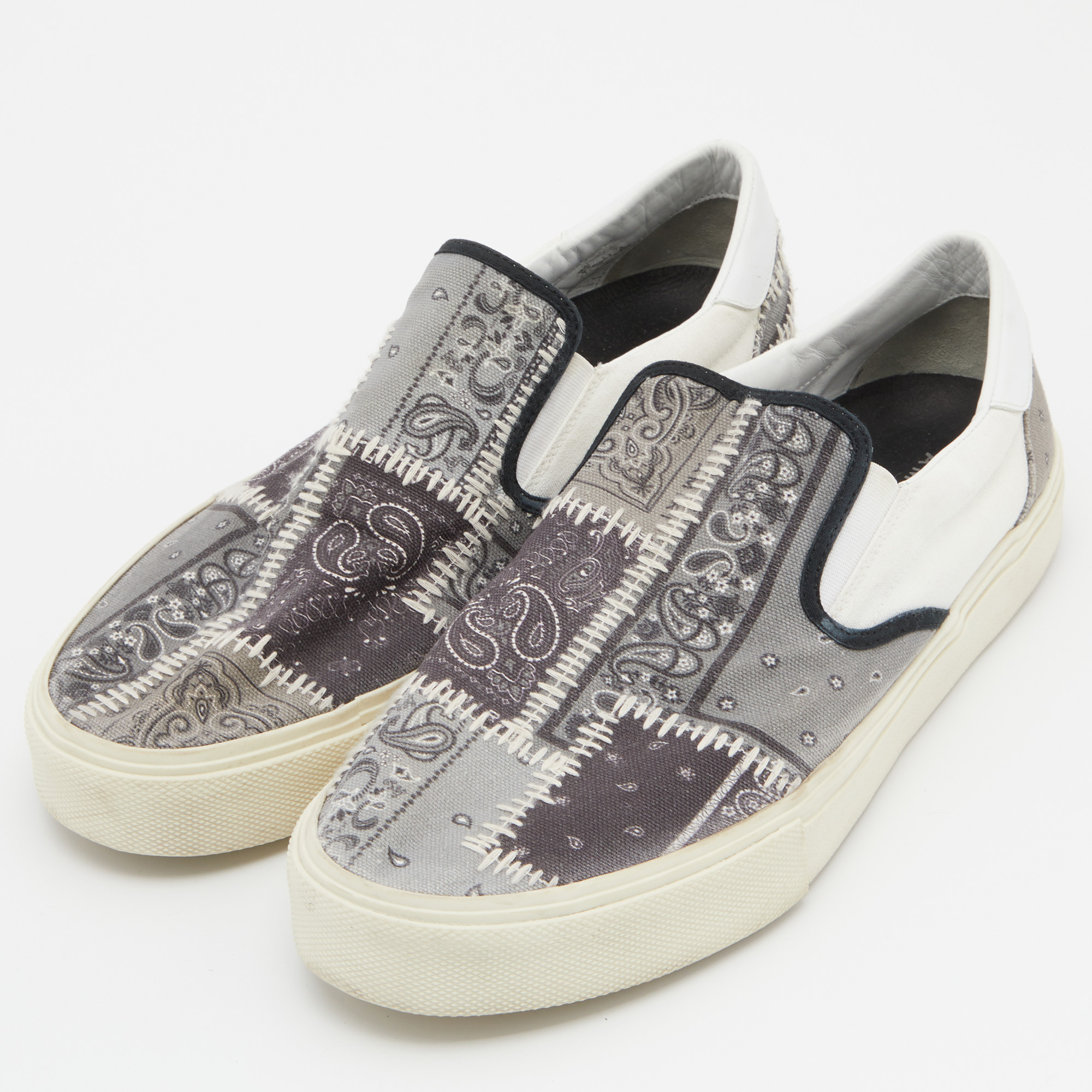 

Amiri Grey/White Printed Canvas and Leather Slip on Sneakers Size