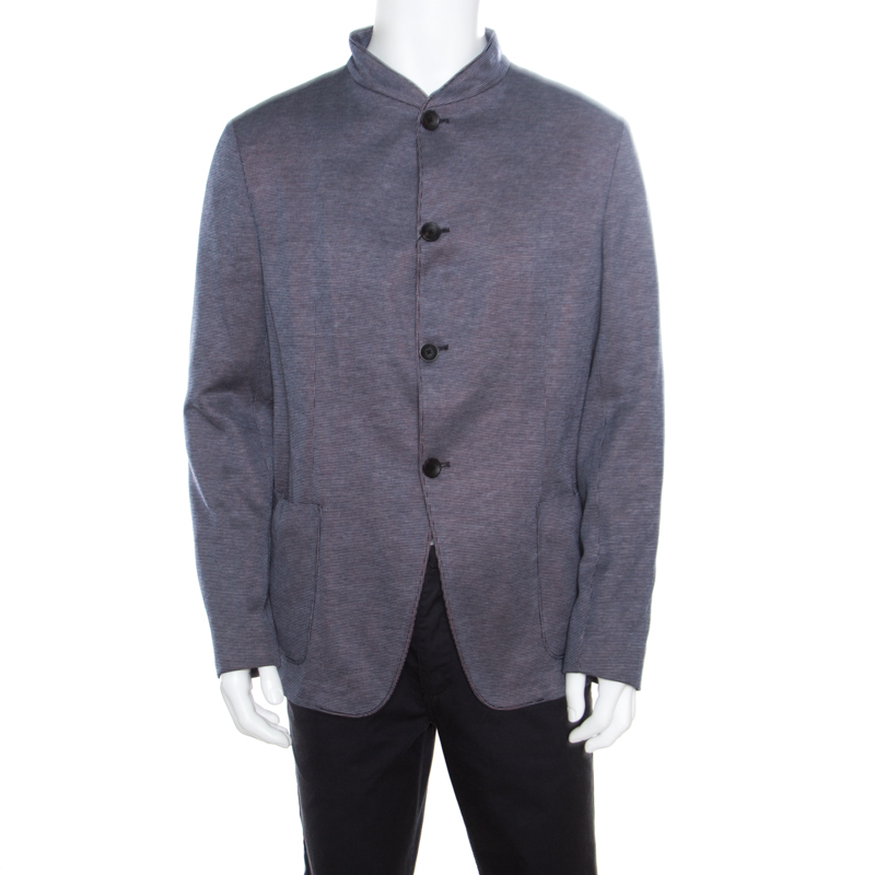 Pre Owned Armani Collezioni Navy Blue Jacquard Jersey Mandarin Collar Guru Jacket XXL