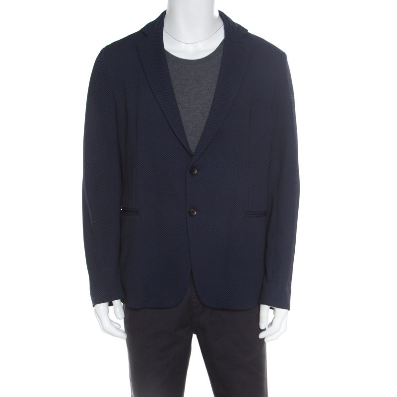 Pre Owned Armani Collezioni Dark Navy Geometric Patterned Tailored Blazer XL