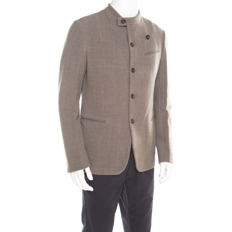 

Armani Collezioni Brown and Grey Textured Wool Mandarin Collar Blazer