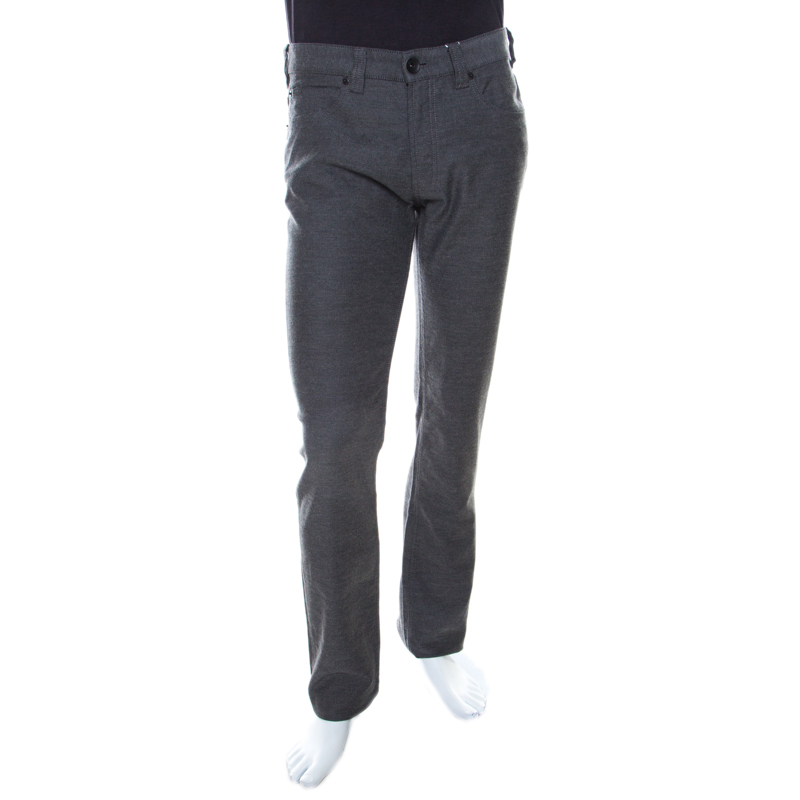 Pre Owned Armani Collezioni Textured Grey Medium Rise Straight and Tight Leg J15 Trousers S
