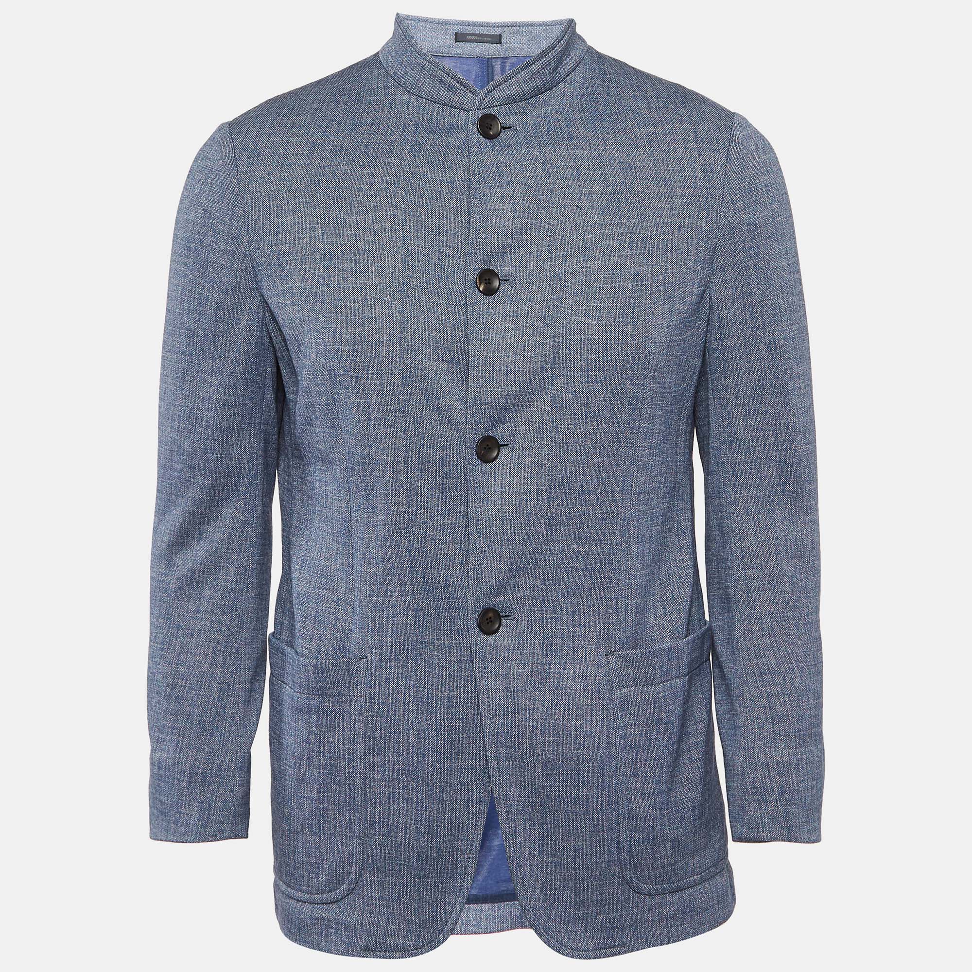 

Armani Collezioni Blue Cotton Knit Mandarin Collar Jacket L