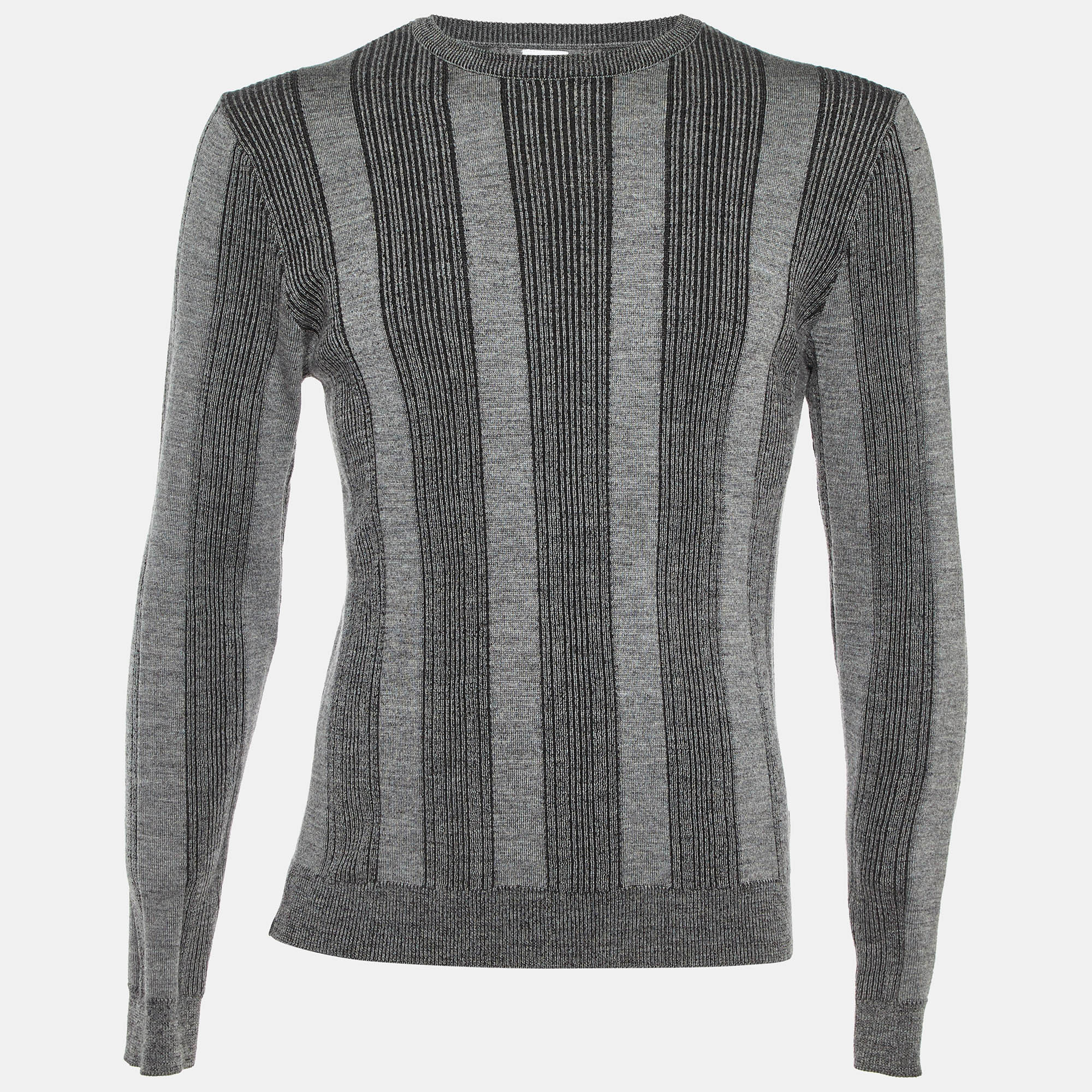 Pre-owned Armani Collezioni Grey Striped Wool Knit Sweater M