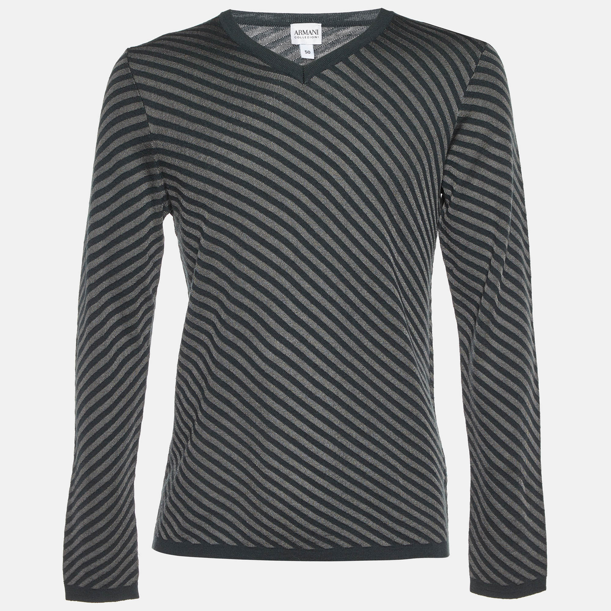 

Armani Collezioni Grey Diagonal Striped Wool V-Neck Jumper L