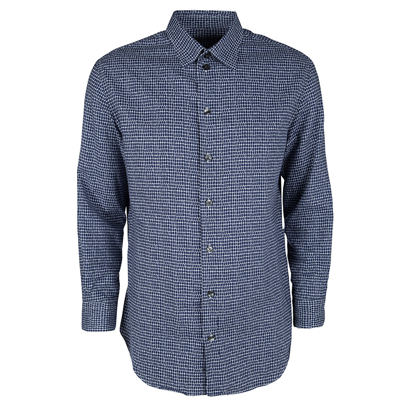 Armani Collezioni Blue and White Printed Long Sleeve Button Front Shirt L