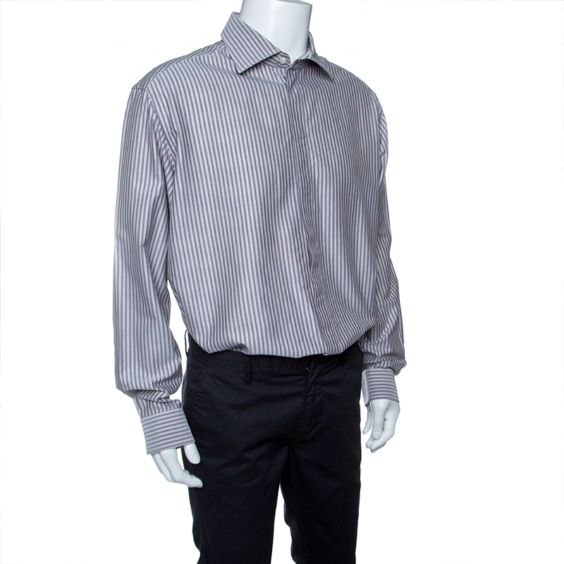 

Armani Collezioni Grey Striped Cotton Long Sleeve Button Front Shirt