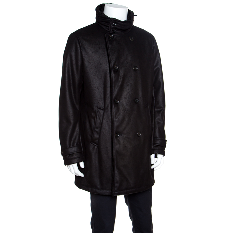 

Armani Collezioni Black Faux Leather Shearling Lined Hooded Overcoat