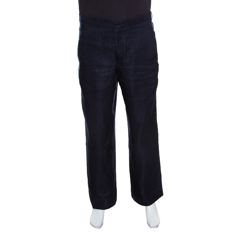 Armani Collezioni Navy Blue Linen Blend Wide Leg Trousers L 