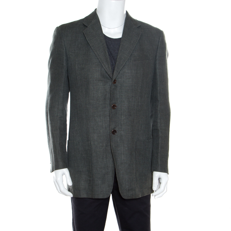 Pre Owned Armani Collezioni Grey Hemp and Wool Three Button Blazer L