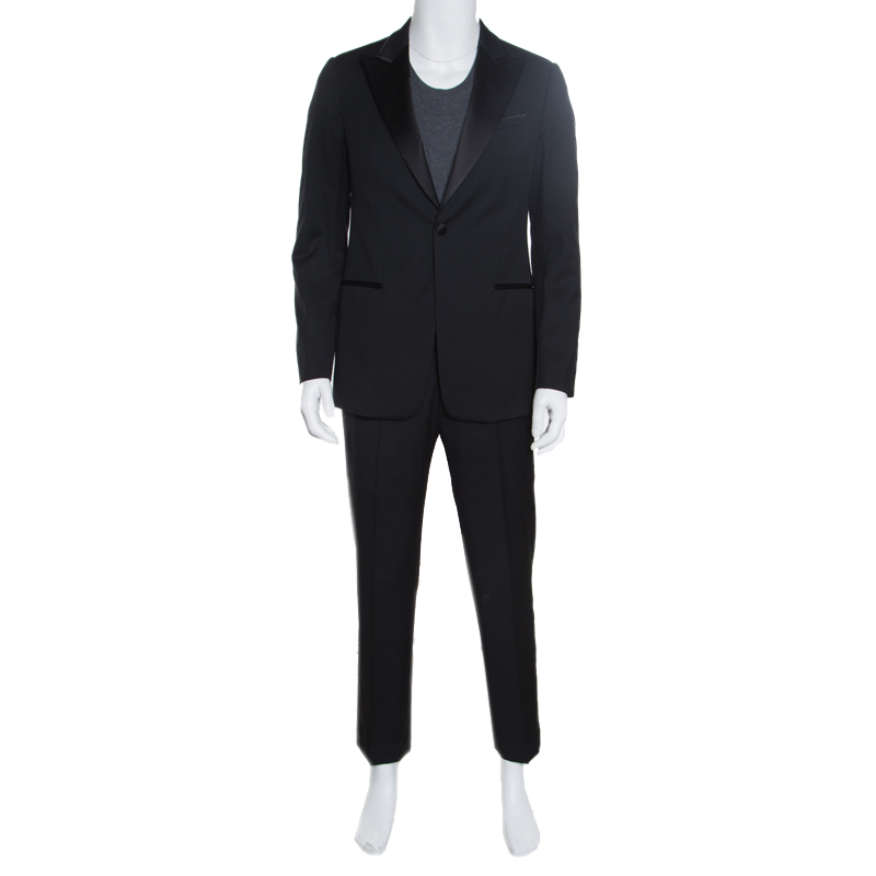 Armani Collezioni Black Wool Satin Panel Detail Tuxedo Suit M