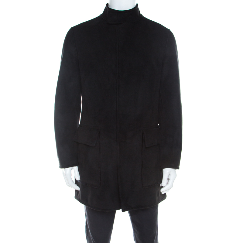 Pre Owned Armani Collezioni Black Faux Suede Faux Fur Lined Overcoat L 