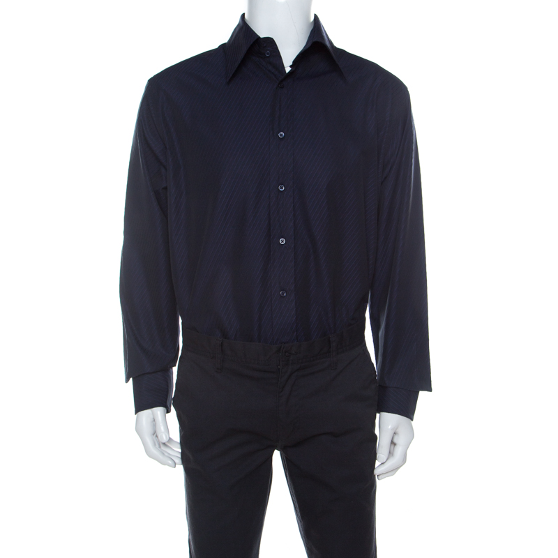 مملوكة مسبقًا Armani Collezioni Navy Blue Striped Cotton Shirt XXL