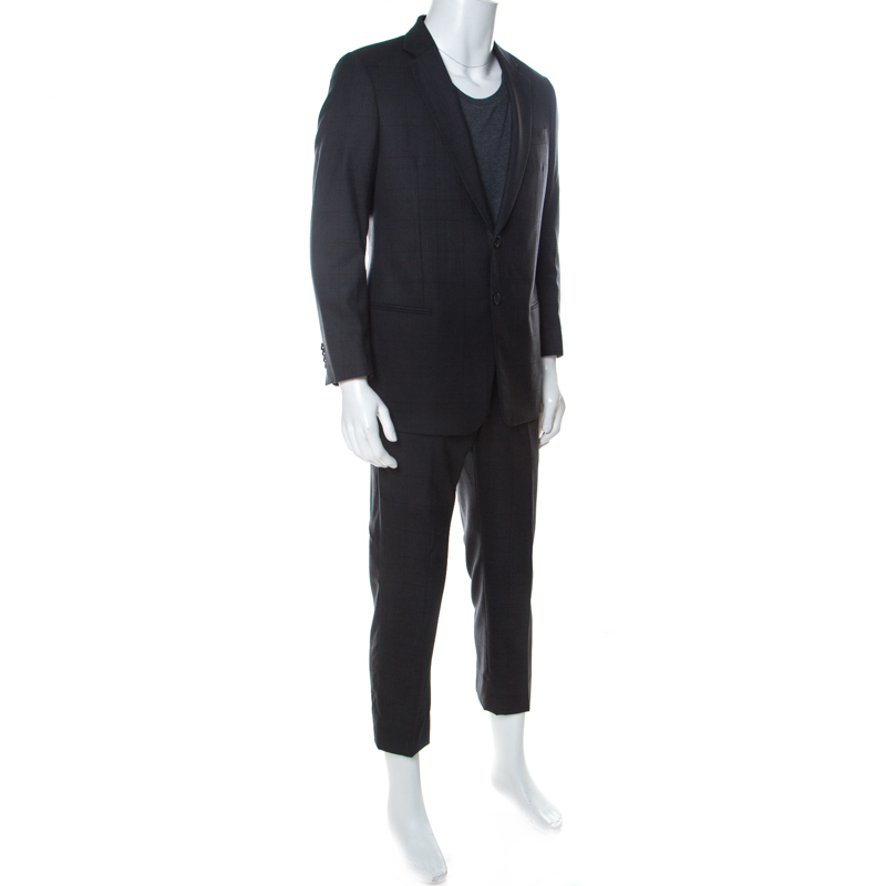 

Armani Collezioni Charcoal Grey Tonal Windowpane Wool Suit