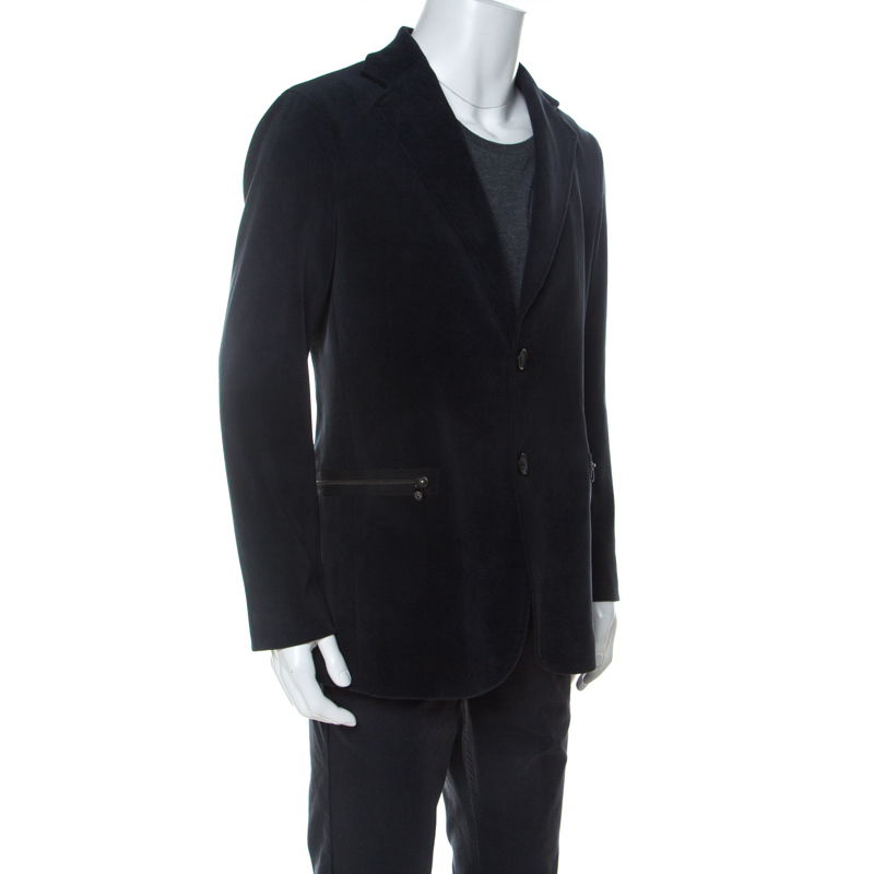 

Armani Collezioni Navy Blue Corduroy Zipper Pocket Detail Blazer