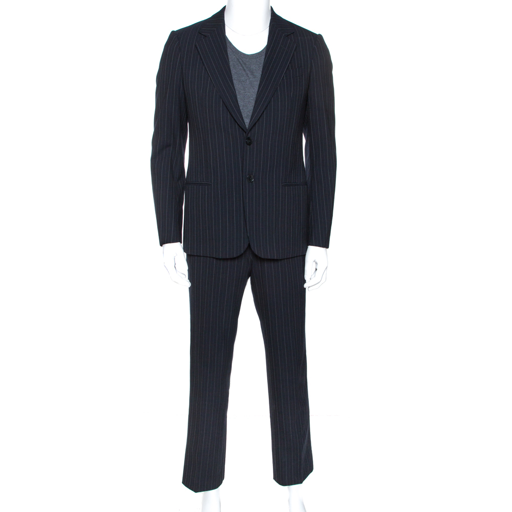 Armani Collezioni Dark Blue Pinstriped Wool Tailored Suit M