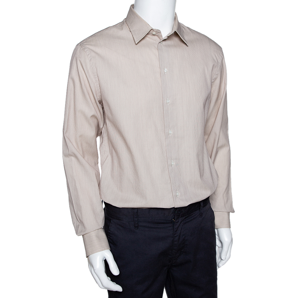 

Armani Collezioni Beige Striped Cotton Blend Button Front Shirt