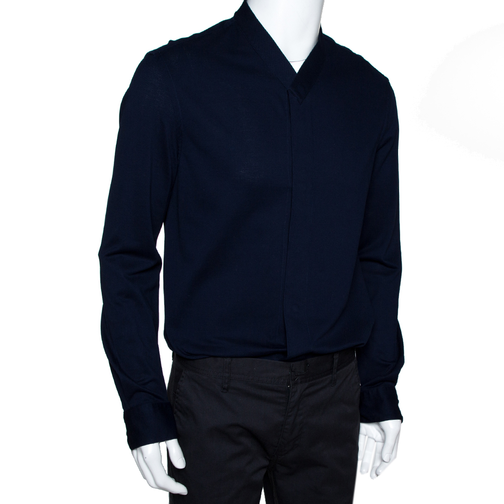 

Armani Collezioni Navy Blue Cotton Long Sleeve Collarless Shirt