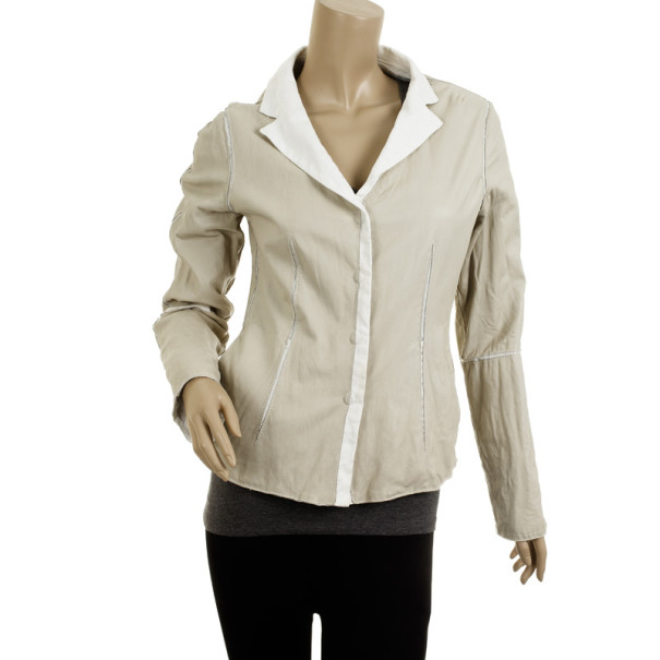 Pre Owned Armani Collezioni Beige Leather and Linen Light Jacket M