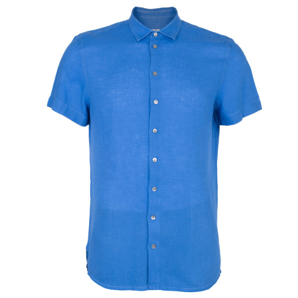 Armani Collezioni Men's Blue Linen Short Sleeve Shirt L