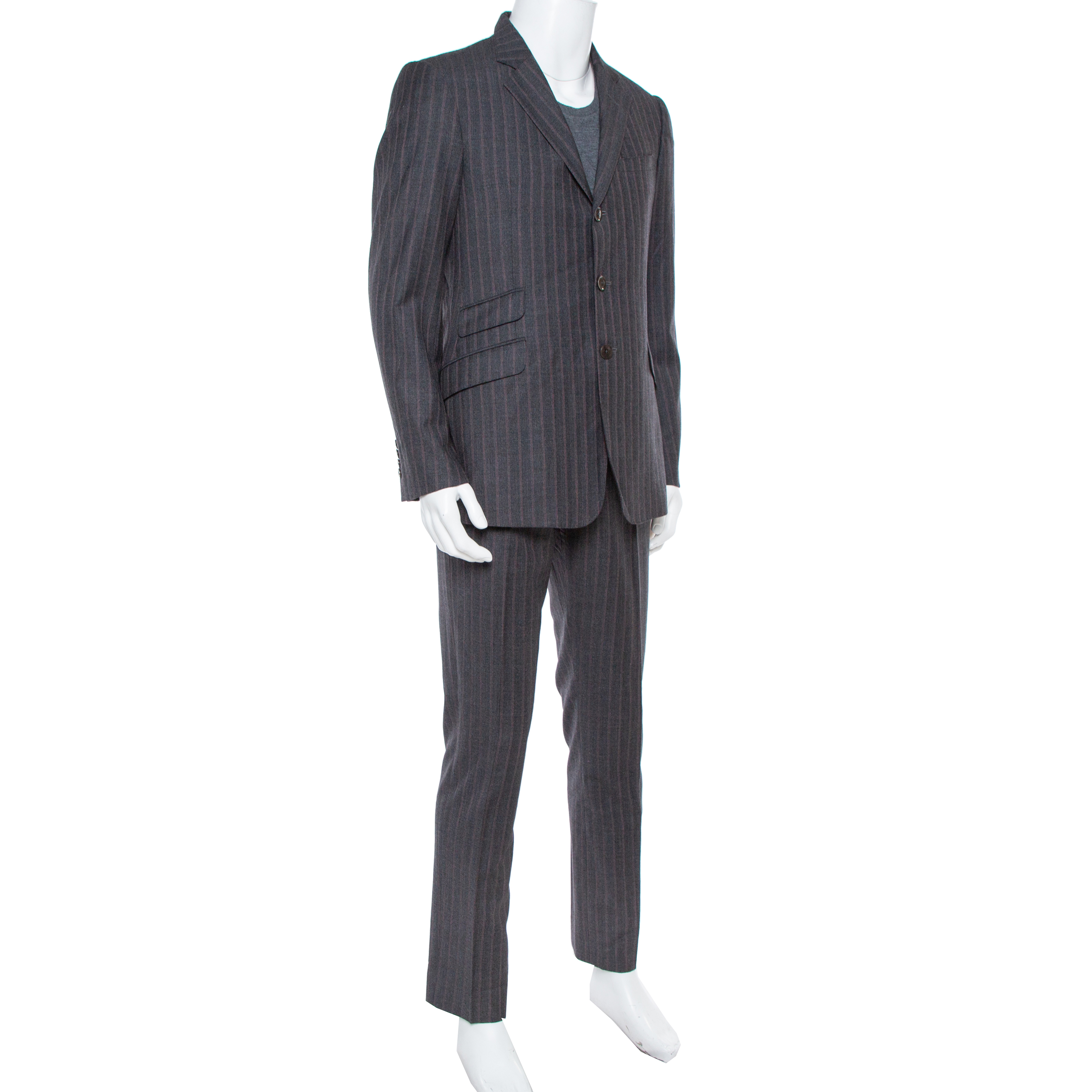 

Armani Collezioni Charcoal Grey Striped Wool Tailored Suit