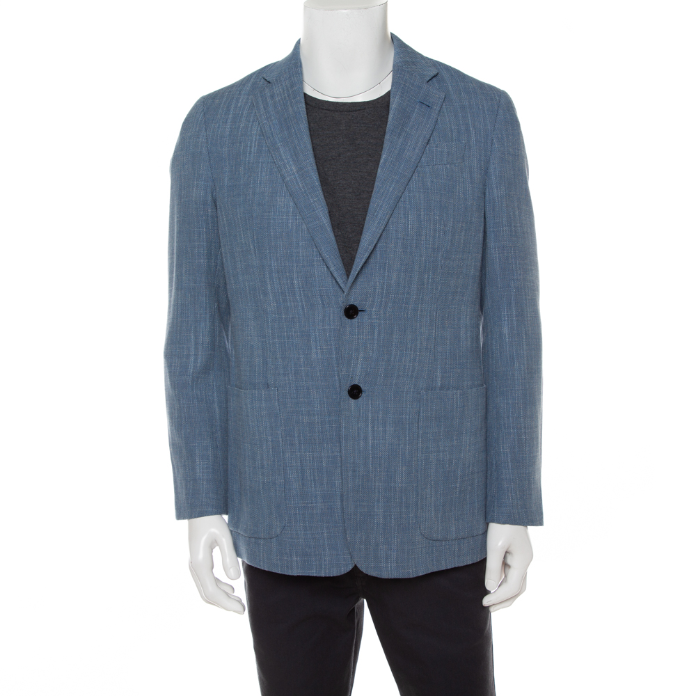 Pre-owned Armani Collezioni Blue Wool & Cotton Button Front Blazer M