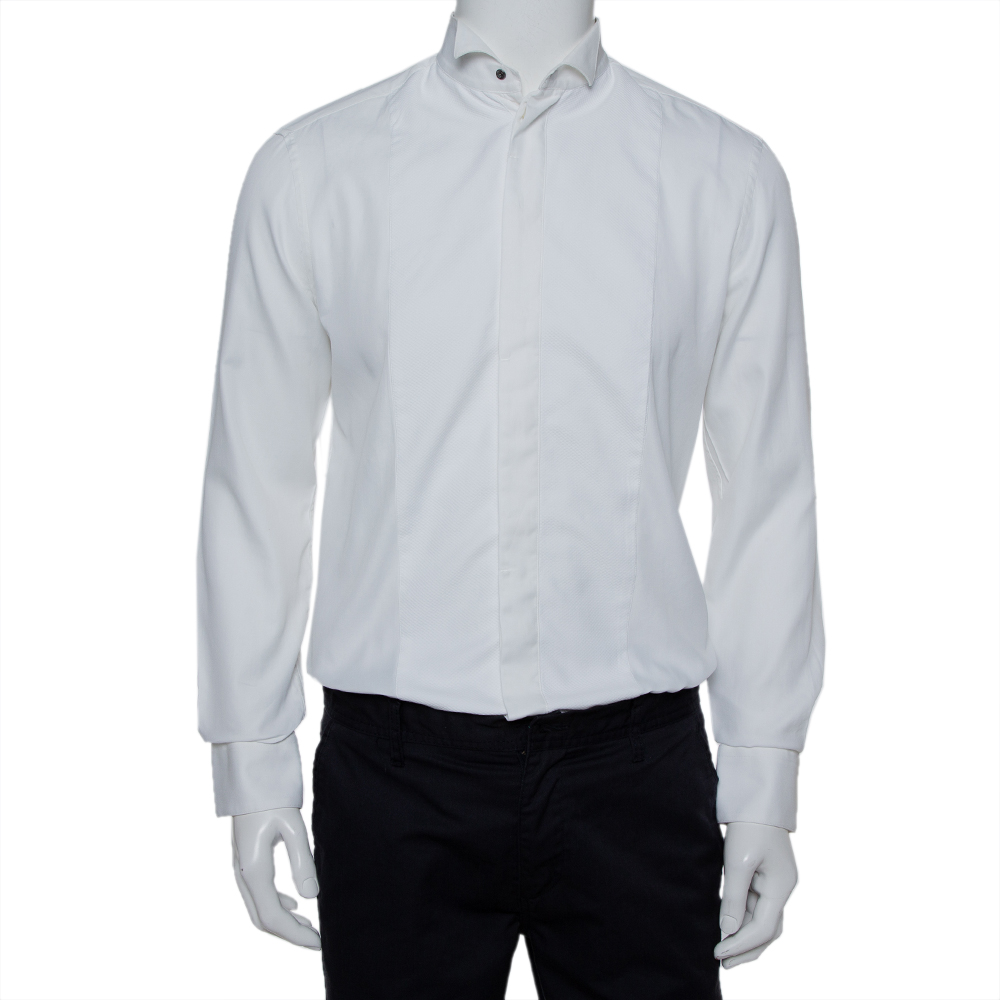 Pre-owned Armani Collezioni White Cotton & Silk Stand Collar Tuxedo Shirt L