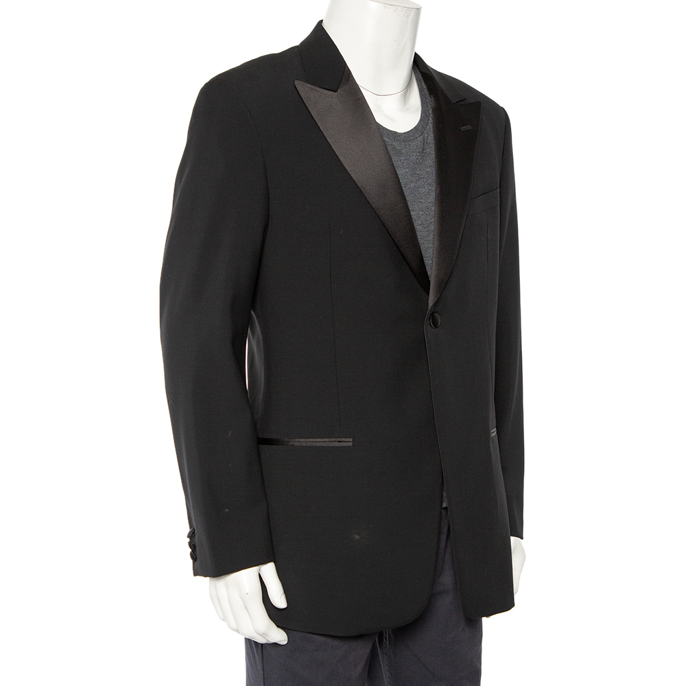 

Armani Collezioni Navy Blue Wool Satin Trim Button Front Blazer