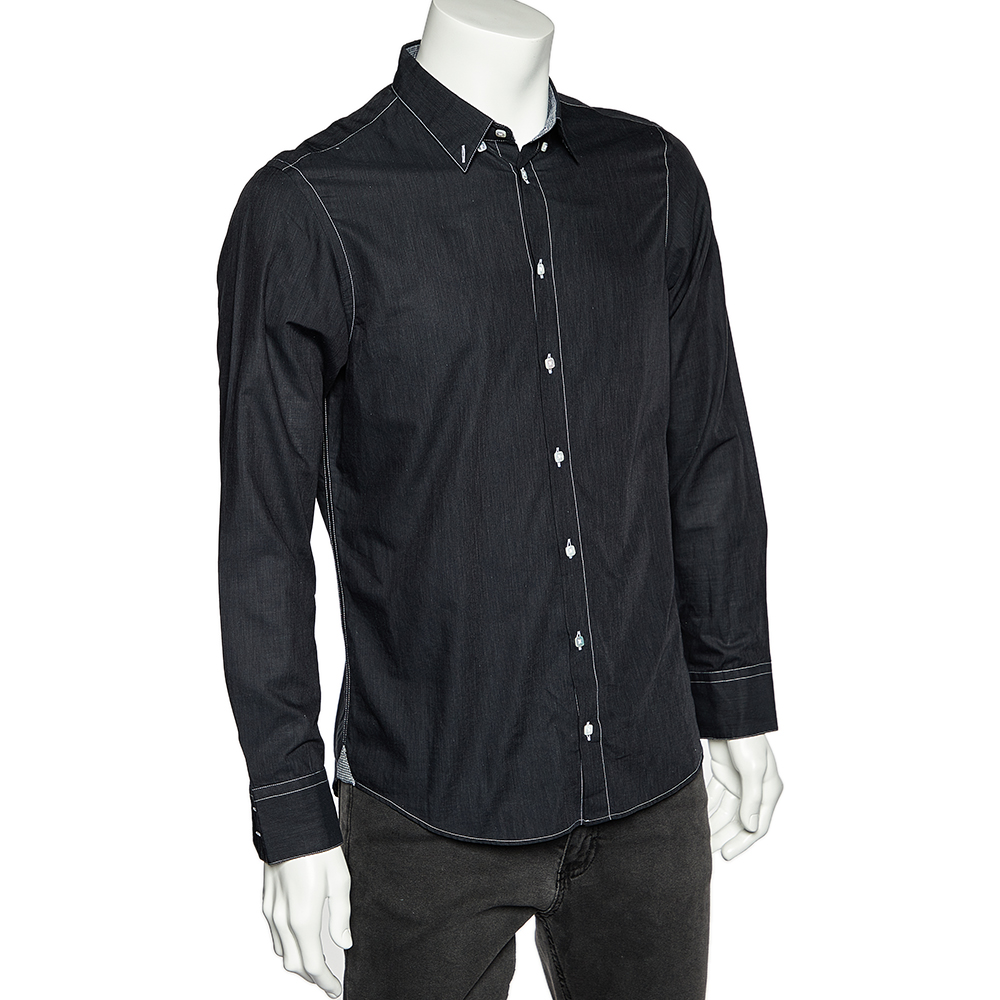 

Armani Collezioni Charcoal Grey Washed Cotton Button Front Shirt