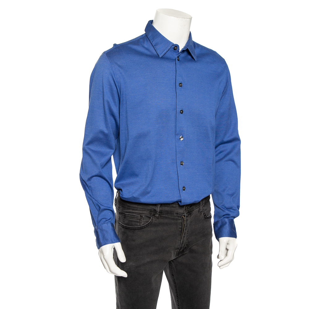 

Armani Collezioni Navy Blue Textured Cotton Button Front Shirt