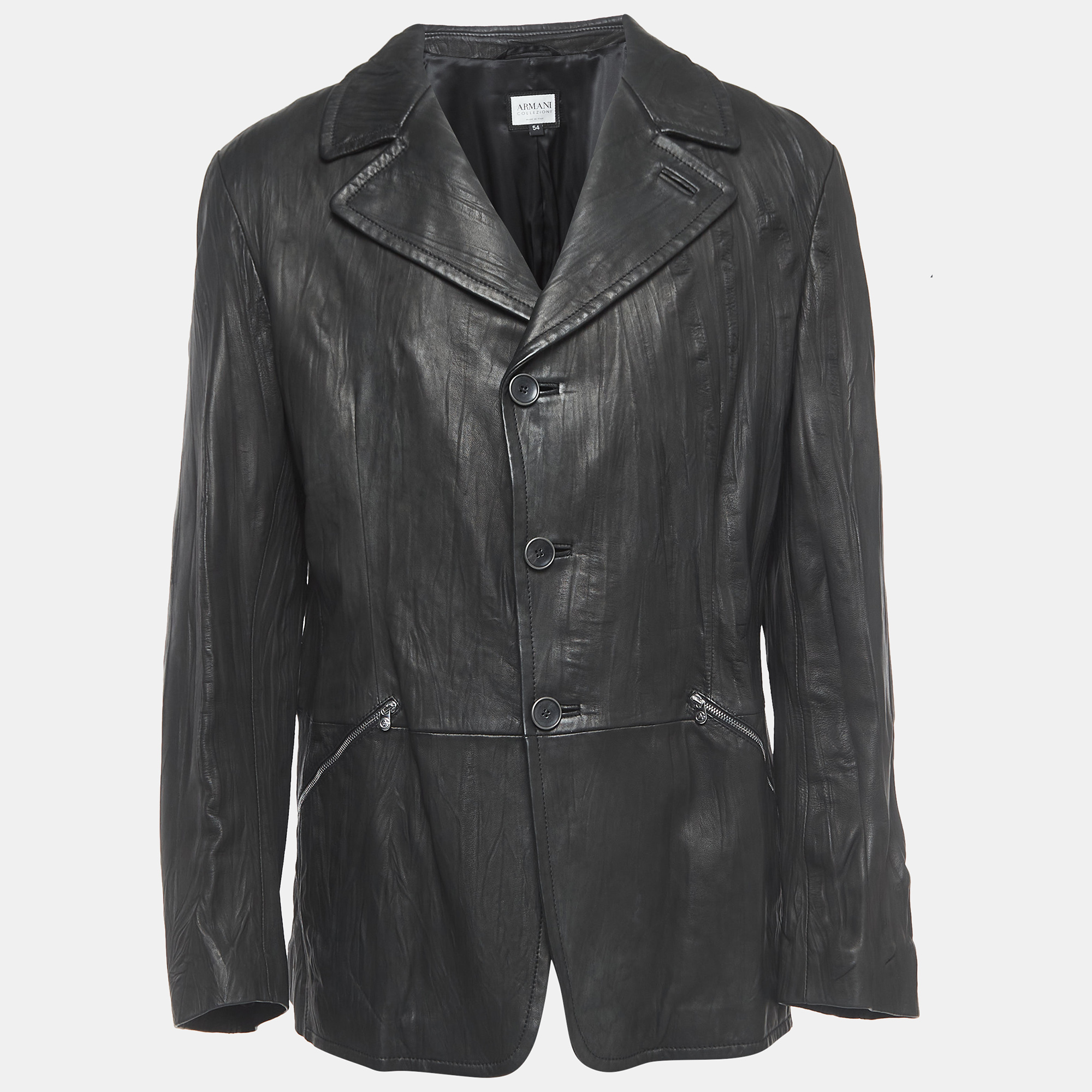 

Armani Collezioni Black Crinkled Leather Buttoned Jacket XXL
