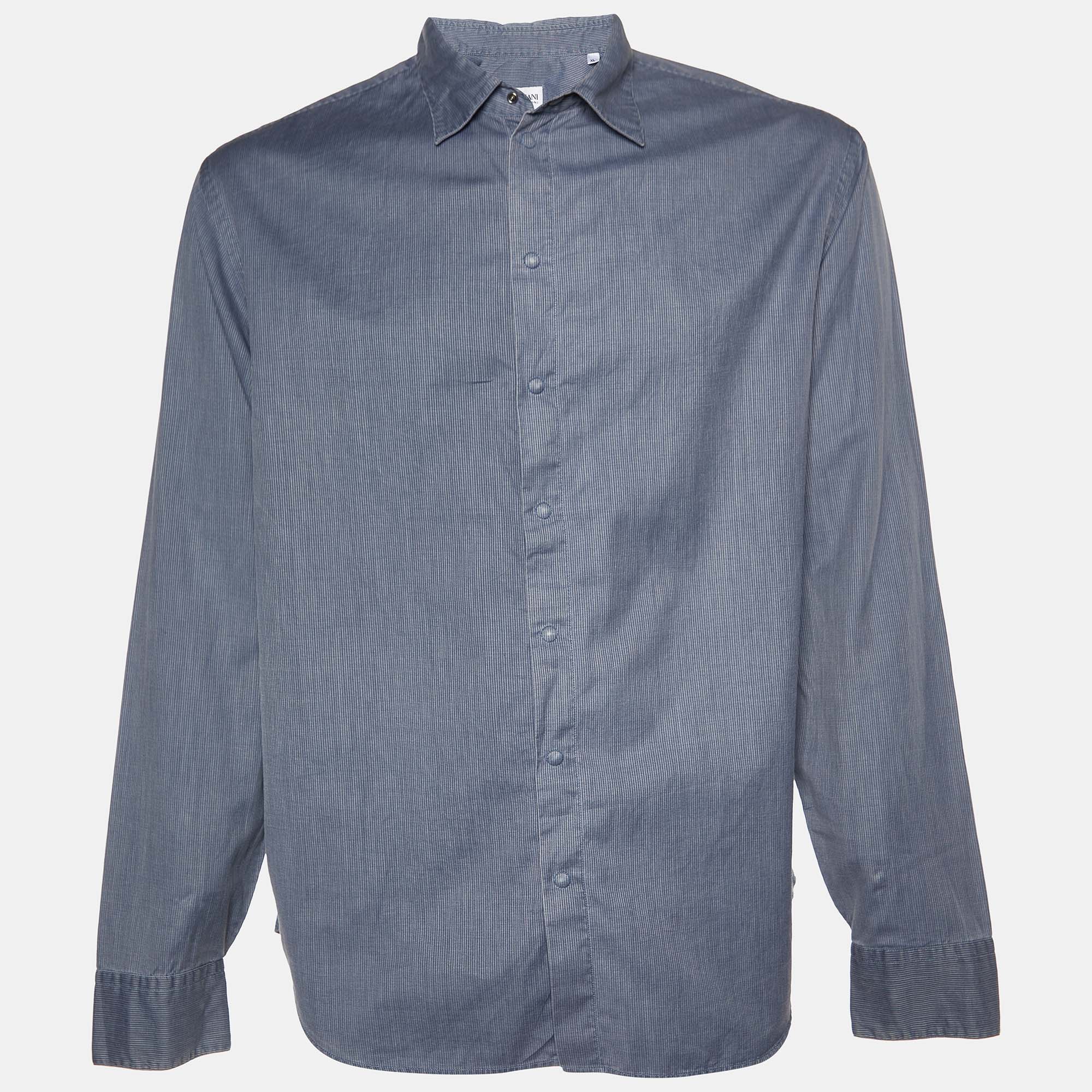 Pre-owned Armani Collezioni Blue Striped Cotton Long Sleeve Shirt Xl