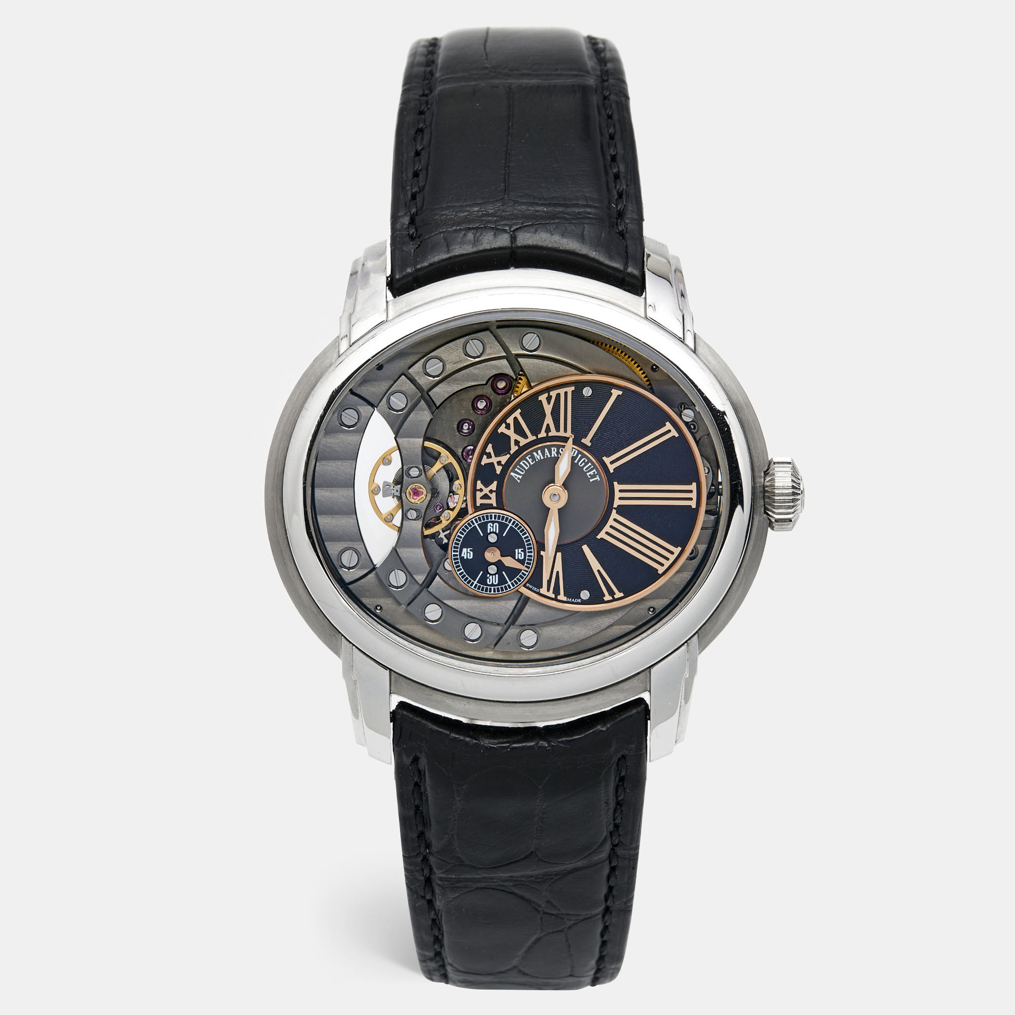 مملوكة مسبقًا ساعة يد رجالية أوديمار بيغيه ميليناري 4101 15350ST.OO.D002CR.01 سكيلتون أنثراسيت ستانلس ستيل جلد تمساح سوداء 47 مم