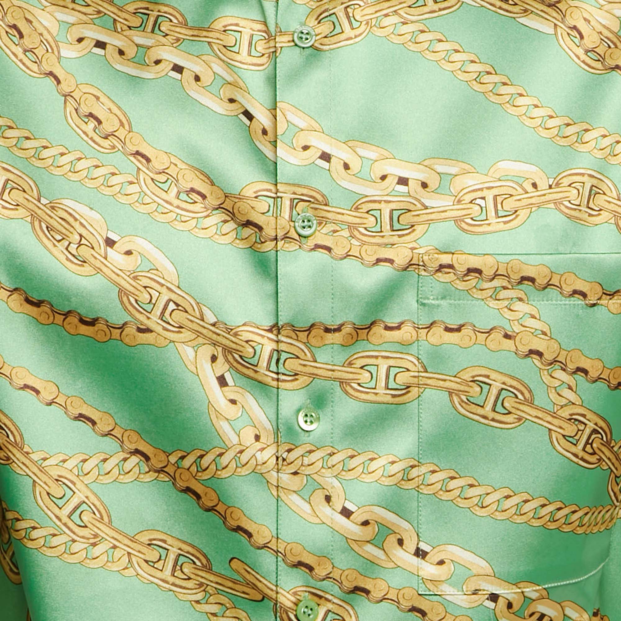 Balenciaga Green Chain Print Satin Short Sleeve Oversized Shirt XS 