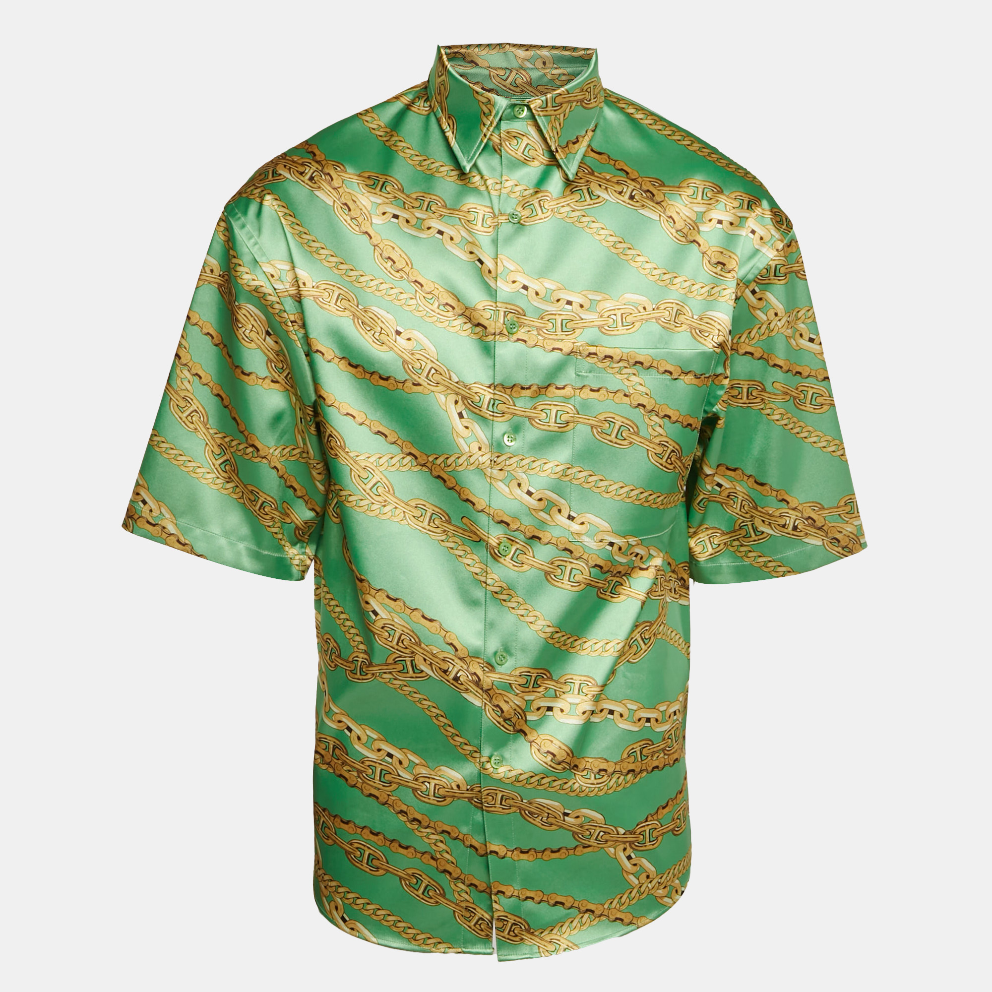 

Balenciaga Green Chain Print Satin Short Sleeve Oversized Shirt XS