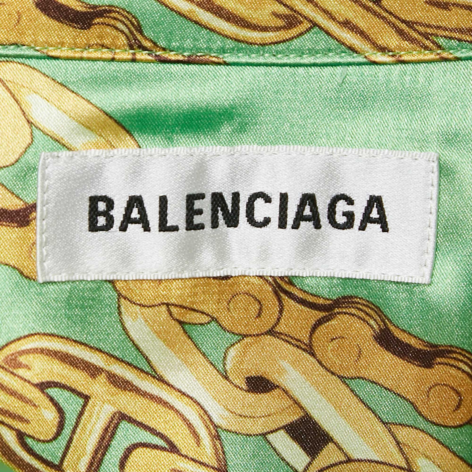 Balenciaga Green Chain Print Satin Short Sleeve Oversized Shirt XS 