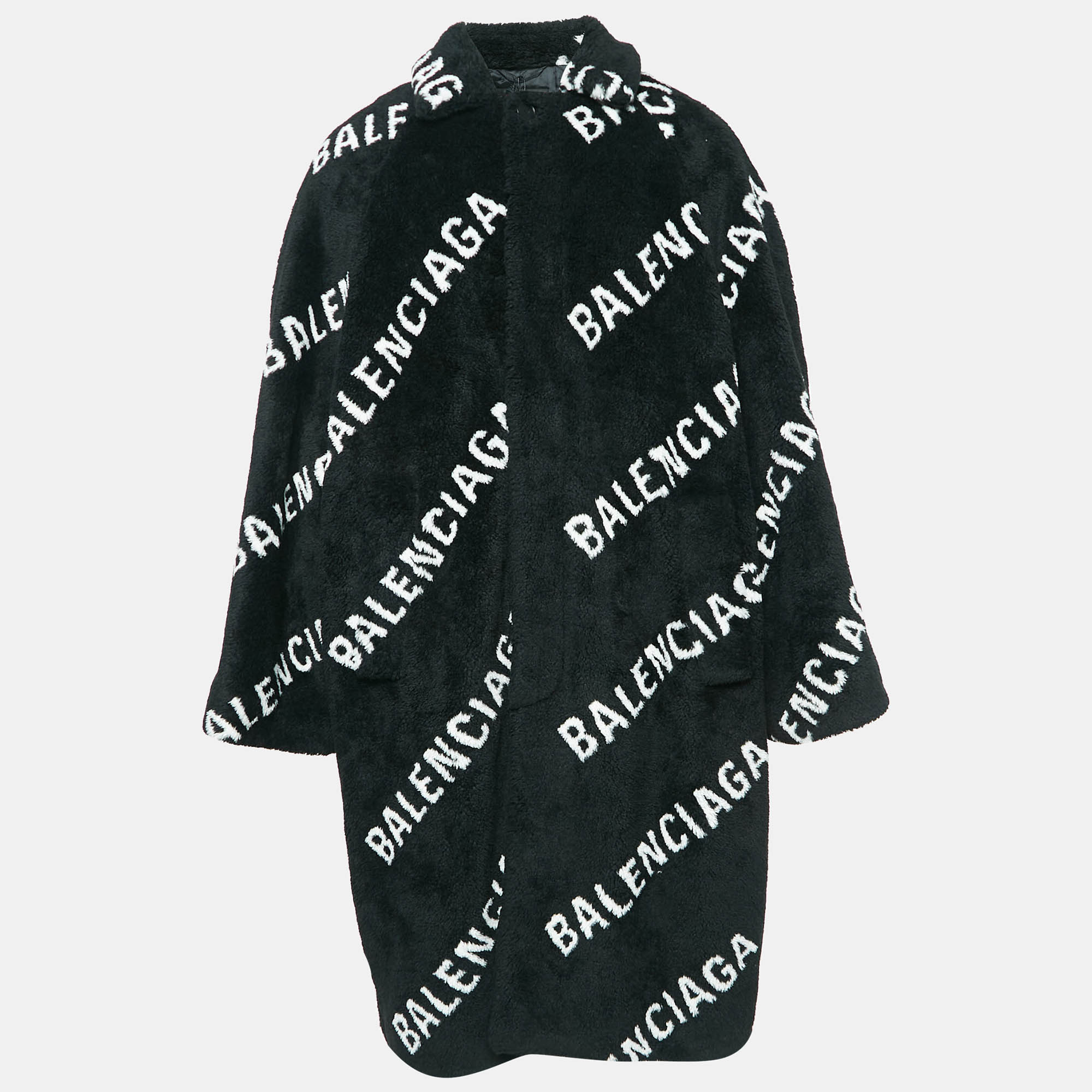 

Balenciaga Black Monogram Print Faux Fur Oversized Long Coat S