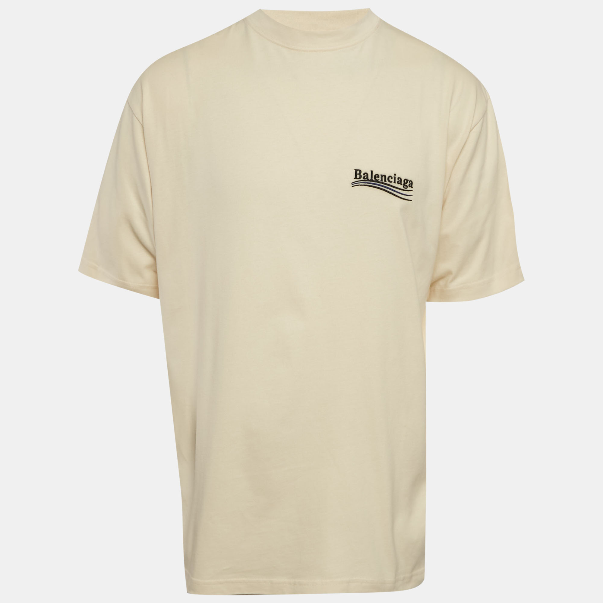 

Balenciaga Cream Logo Embroidered Cotton Knit Oversized T-Shirt S