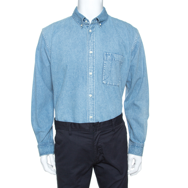 Pre Owned Balenciaga Blue Logo Print Denim Button Down Long Fit Shirt S