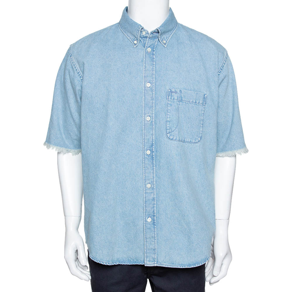 Pre Owned Balenciaga Blue Denim Raw Edge Detail Short Sleeve Oversized Shirt S 