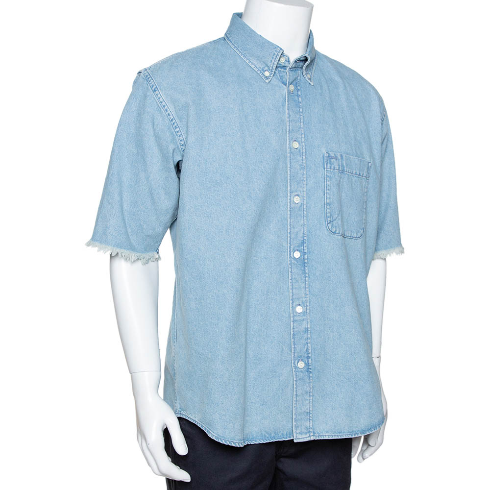 

Balenciaga Blue Denim Raw Edge Detail Short Sleeve Oversized Shirt