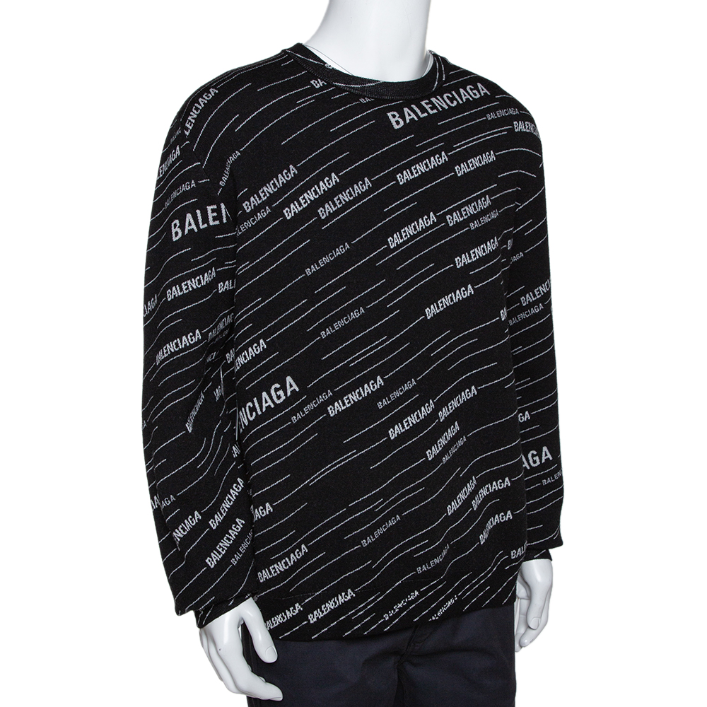 

Balenciaga Monochrome Logo Jacquard Wool Crew Neck Sweater, Black