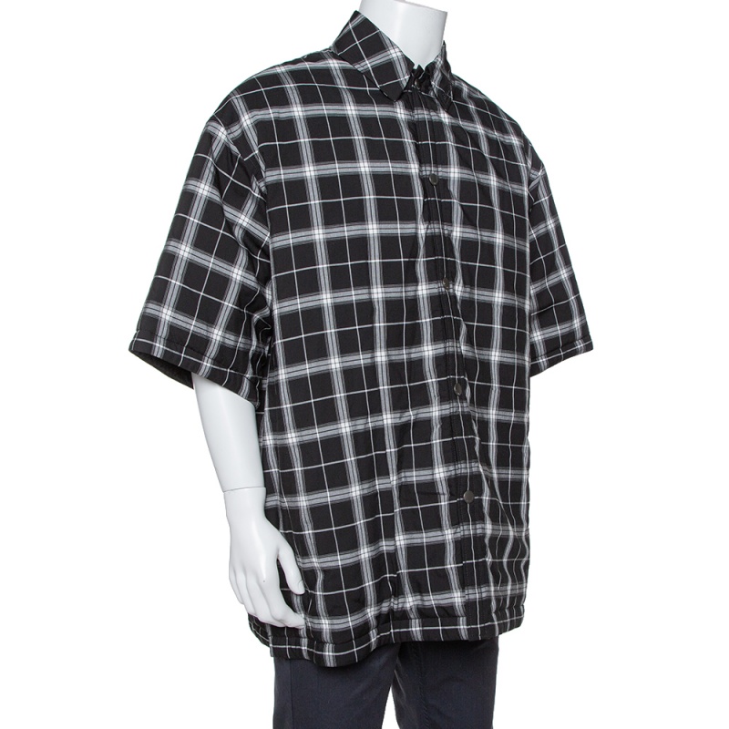 

Balenciaga Monochrome Plaid Quilted Detail Oversized Short Sleeve Shirt, Black