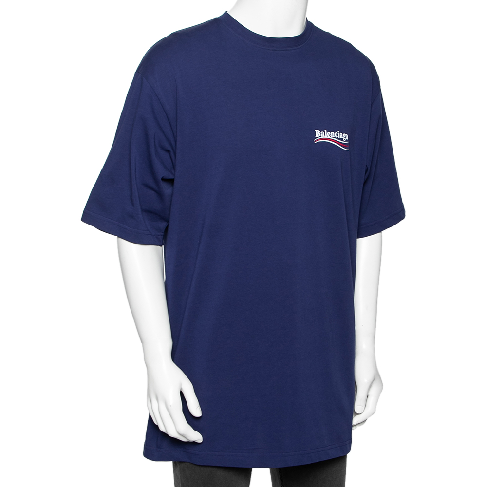 

Balenciaga Blue Cotton Logo Embroidered Oversized T-Shirt