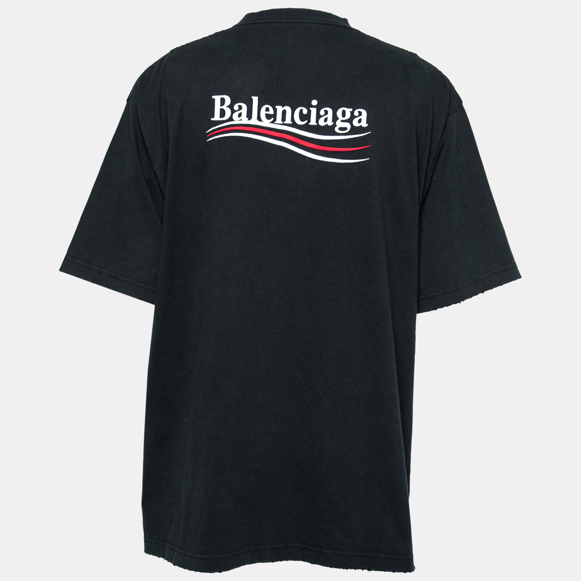 

Balenciaga Black Distressed Cotton Campaign Logo Embroidered T-Shirt